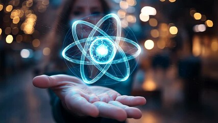 Poster - A person holding in their hand a futuristic, blue-glowing hologram of an atom, with a dark background.