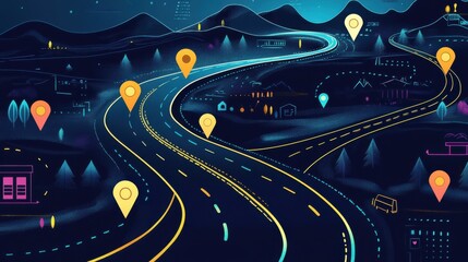 Poster - Abstract Illustration of a Winding Road with Location Markers at Night