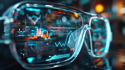 Fototapete - High tech smart glasses showcase real time data and analytics in a vibrant urban environment at night, highlighting cutting edge technology and digital displays.