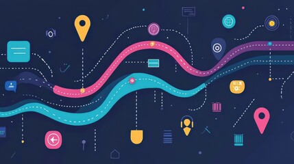 Poster - Colorful abstract map design with navigation elements and icons