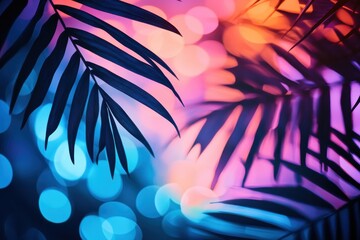 Poster - Tropical foliage shadows on a bright bokeh background showcasing vivid neon hues perfect for tranquil and creative themes in contemporary design projects