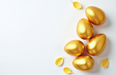 Poster - Golden Easter Eggs Sit Atop A Blank White Copy Space Background In An Overhead Perspective, Awaiting Creative Placement And Design.