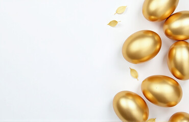 Poster - Golden Easter Eggs Sit Atop A Blank White Copy Space Background In An Overhead Perspective, Awaiting Creative Placement And Design.