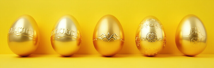 Aufkleber - Golden Easter Eggs Decorated In A Simple Yet Elegant Pattern Against A Bright Yellow Background In A Flat Lay Setting.