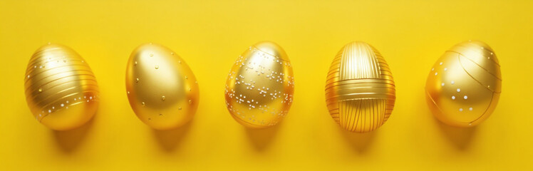 Aufkleber - Golden Easter Eggs Decorated In A Simple Yet Elegant Pattern Against A Bright Yellow Background In A Flat Lay Setting.