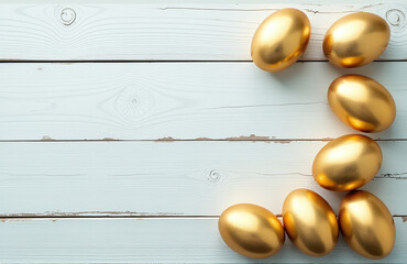 Poster - Golden Easter Eggs Adorn A Distressed Wooden Vintage Background With A Subtle White Hue In This Festive Easter Design.