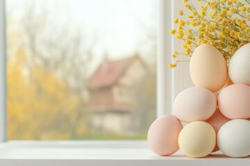 Canvas Print - Soft pastel Easter eggs stacked on a white surface with yellow flowers in a bright window, evoking a serene spring atmosphere and seasonal celebration