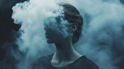Poster - A woman stands shrouded in a veil of thick, swirling smoke, her face obscured. The dim light illuminates shadows, creating an enigmatic and dreamlike ambiance that captivates the viewer