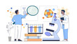 © Rudzhan - Two scientists examining DNA and molecules, flat graphic style, on white background. Concept of scientific research. Vector illustration