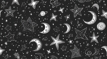 Wall Mural - Hand-drawn Celestial Patterns with Stars and Moons on Dark Background