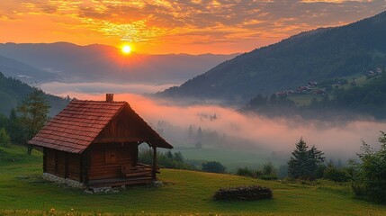 Poster - Wooden Cabin Sunrise Mountain Valley