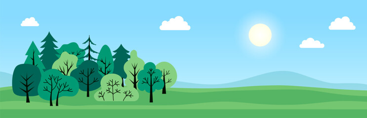 Wall Mural - green forest landscape. trees background. simple flat poster. ecological theme