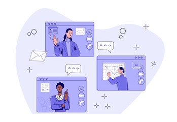 Poster - Three people in video call, flat design style on white background. Concept of remote work, virtual meeting, and collaboration. Vector illustration
