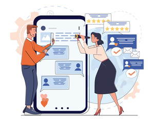 Poster - Two people analyzing online reviews on a smartphone screen. Flat graphic style on white background. Concept of customer feedback. Vector illustration
