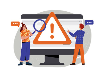Poster - two people examining a computer screen with a warning sign, flat graphic style, on a white backgroun