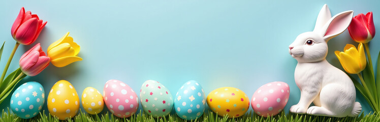Aufkleber - Flat Lay Composition Of Colorful Easter Eggs, Tulip Flowers, And A Decorative Easter Bunny On A Happy Holiday Background.