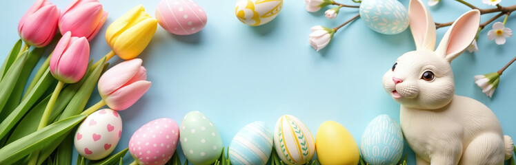 Aufkleber - Flat Lay Composition Of Colorful Easter Eggs, Tulip Flowers, And A Decorative Easter Bunny On A Happy Holiday Background.