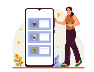 Poster - Woman pointing at smartphone showing coffee menu, flat design style, on light background. Concept of mobile ordering. Vector illustration