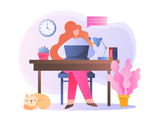 Poster - Woman working on laptop at desk with cat, plants, and clock. Flat design style on white background. Concept of home office. Vector illustration