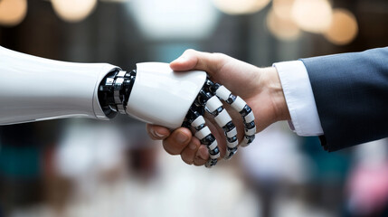 Poster - Robot and man handshake concept, vector illustration, artificial intelligence technology character make agreement with business guy at computer
