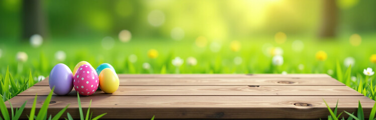 Aufkleber - Empty Wooden Table Set Amidst A Lush Green Meadow Featuring Colorful Easter Eggs In A Springtime Backdrop.