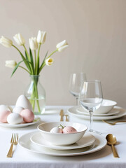 Poster - Easter Table Setting Features A Minimalist Approach With Simple Decorations And A Neutral Floral Background For A Clean Look.