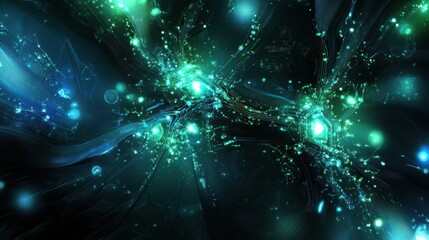 Poster - Abstract Digital Art with Green and Blue Light Patterns in Space