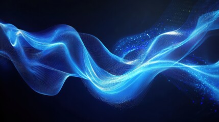 Poster - Abstract Flowing Blue Waves with Sparkling Light Particles