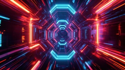 Poster - Futuristic Neon Tunnel with Bright Lights and Vibrant Colors