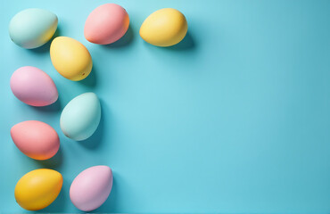Aufkleber - Easter Eggs In Various Colors Are Arranged On A Blue Background For A Festive And Creative Flat Lay Design Concept.
