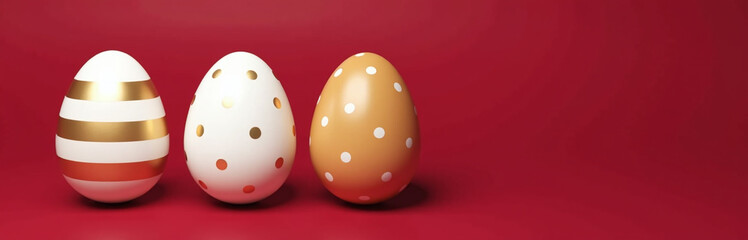 Aufkleber - Easter Eggs In Gold And White Stripes And Dots Sit On A Dark Red Background With Empty Space Below Them.