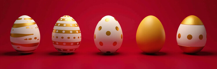 Aufkleber - Easter Eggs In Gold And White Stripes And Dots Sit On A Dark Red Background With Empty Space Below Them.