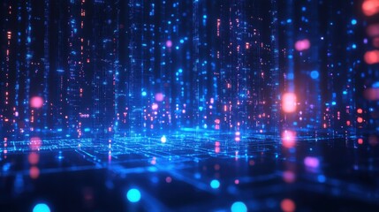 Poster - Futuristic Digital Data Flow with Neon Particles and Grid Lines