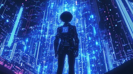 Poster - Person Standing in Futuristic Digital Environment with Neon Lights