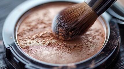 Poster - A soft makeup brush swirls over a bronze powder compact, preparing for application. The setting is a vibrant vanity area, reflecting beauty and artistry.