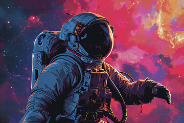 Wall Mural - colorful illustration of astronaut in white space suit and helmet against backdrop of bright pink ga