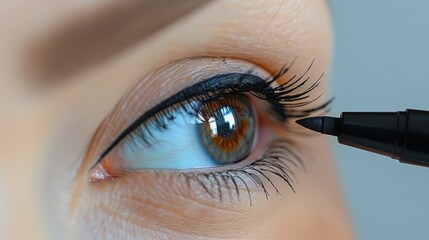 Poster - A detailed view of a person's eye as eyeliner is being applied, showcasing the intricate process of enhancing eye makeup with precision.