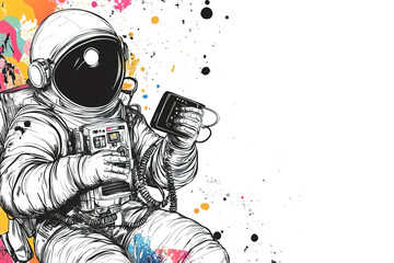 ink sketch postcard astronaut in a spacesuit and helmet listening to an old retro radio surrounded b
