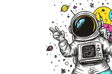 Wall Mural - stylish cosmic postcard with ink drawing astronaut shows peace sign with copy space on white backgro