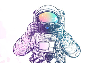 Wall Mural - stylish retro postcard of an astronaut in a spacesuit and helmet taking photographs with camera on white background ink sketch illustration