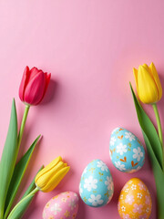 Aufkleber - Decorated Eggs Are Placed On A Pink Paper Background Featuring Tulips In A Colorful Easter Scene Design.
