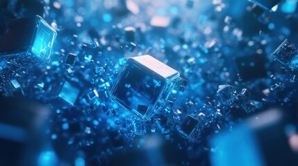 Poster - futuristic abstract background with floating blue crystal cubes