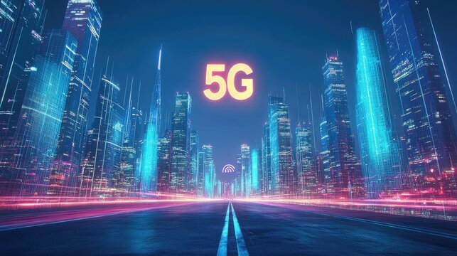 Conceptual image of G wireless communication with a glowing city skyline.