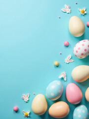 Aufkleber - Cute Rabbit Feed Prints And Dotted Eggs Adorn A Bright Blue Easter Flat Lay Backdrop In Pastel Colors.