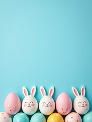 Aufkleber - Cute Rabbit Feed Prints And Dotted Eggs Adorn A Bright Blue Easter Flat Lay Backdrop In Pastel Colors.