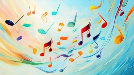 Wall Mural - colorful musical notes floating on abstract blue and orange background