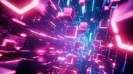 Fototapete - Futuristic Abstract Digital Background with Neon Lights and Blocks