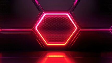 Poster - Abstract Hexagonal Shape with Neon Lights and Dark Background