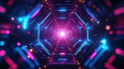 Poster - Futuristic Neon Tunnel with Bright Lights and Abstract Design