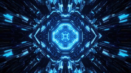 Fototapete - Futuristic Abstract Blue Neon Light Pattern in Symmetrical Design